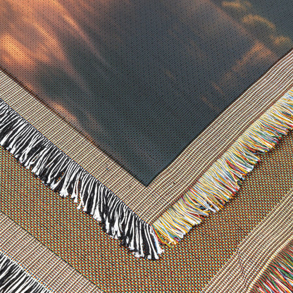 Majestic Sunset Tree by Mountain Lake Woven Throw Blanket - Awakening Righteousness