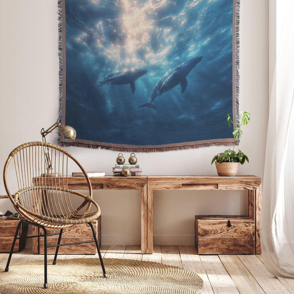Majestic Whales in Sunlit Ocean Woven Throw Blanket - Awakening Righteousness