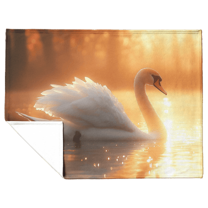 Majestic White Swan Gliding Across Glowing Crystal Clear Lake Under Golden Sunrise With Shimmering Reflection Fleece Sherpa Blanket - Awakening Righteousness