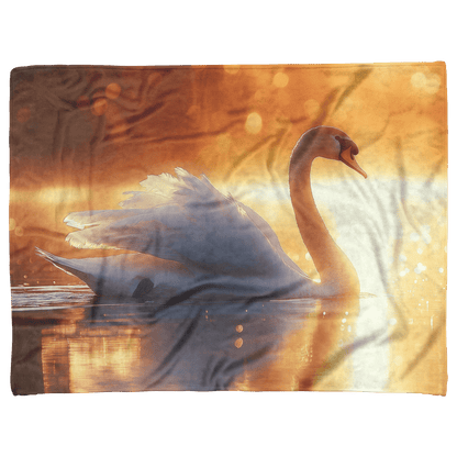 Majestic White Swan Gliding Across Glowing Crystal Clear Lake Under Golden Sunrise With Shimmering Reflection Fleece Sherpa Blanket - Awakening Righteousness