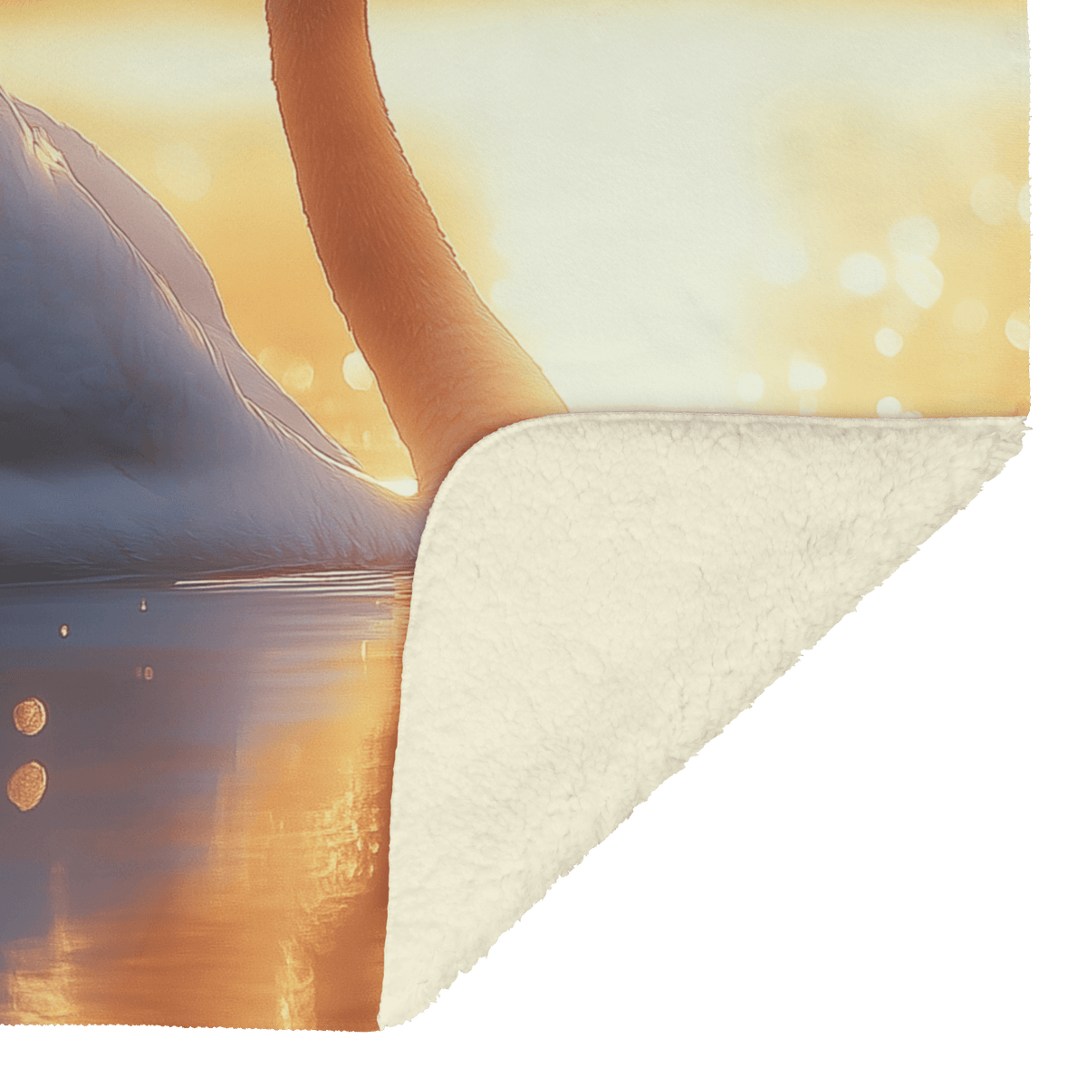 Majestic White Swan Gliding Across Glowing Crystal Clear Lake Under Golden Sunrise With Shimmering Reflection Fleece Sherpa Blanket - Awakening Righteousness