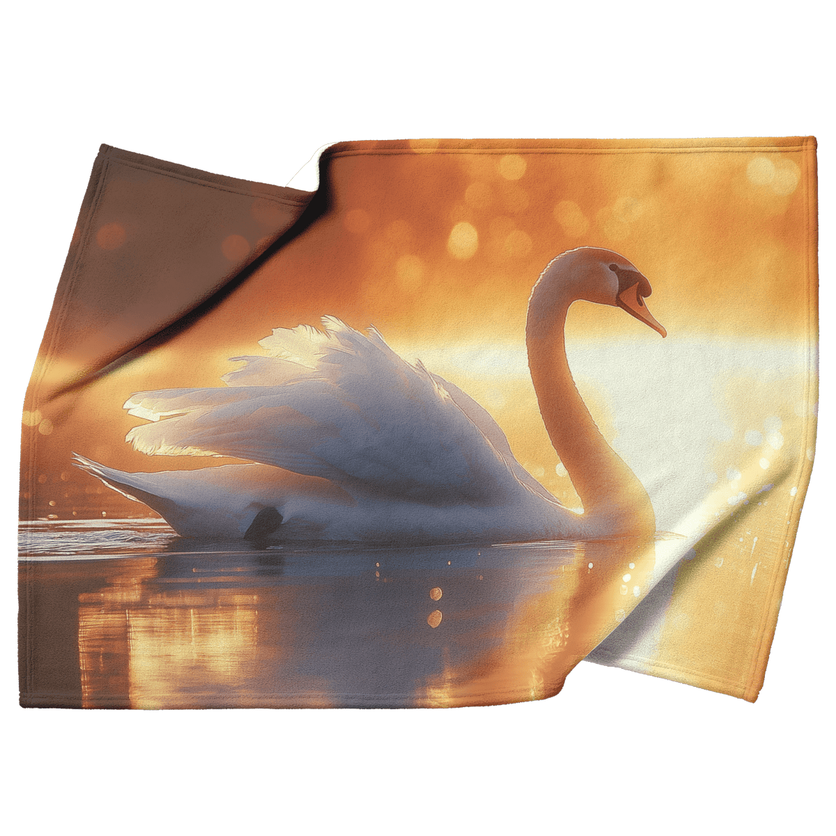 Majestic White Swan Gliding Across Glowing Crystal Clear Lake Under Golden Sunrise With Shimmering Reflection Fleece Sherpa Blanket - Awakening Righteousness