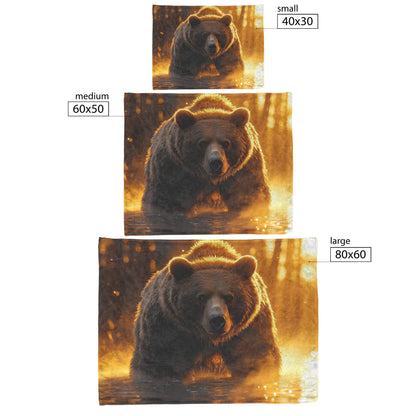 Massive Brown Bear on Misty Riverbank with Glowing Golden Sunlight and Reflective Crystal Water Fleece Blanket - Awakening Righteousness