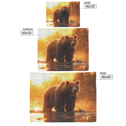 Massive Brown Bear on Misty Riverbank with Glowing Golden Sunlight and Reflective Crystal Water Fleece Blanket - Awakening Righteousness