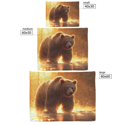 Massive Brown Bear on Misty Riverbank with Glowing Golden Sunlight and Reflective Crystal Water Fleece Blanket - Awakening Righteousness