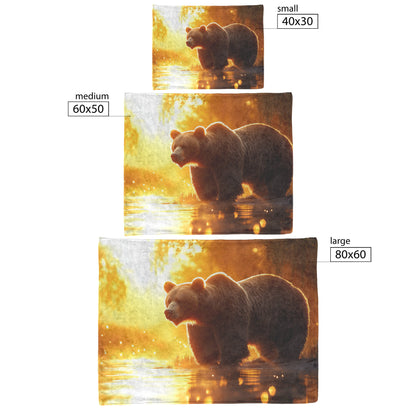 Massive Brown Bear on Misty Riverbank with Glowing Golden Sunlight and Reflective Crystal Water Fleece Blanket - Awakening Righteousness