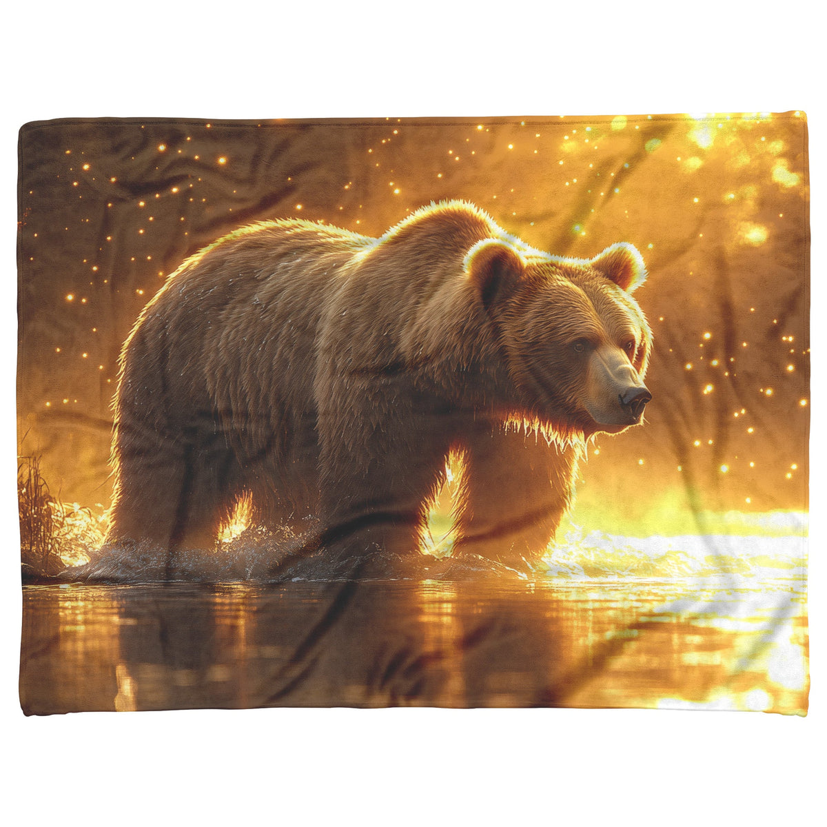 Massive Brown Bear on Misty Riverbank with Glowing Golden Sunlight and Reflective Crystal Water Fleece Blanket - Awakening Righteousness