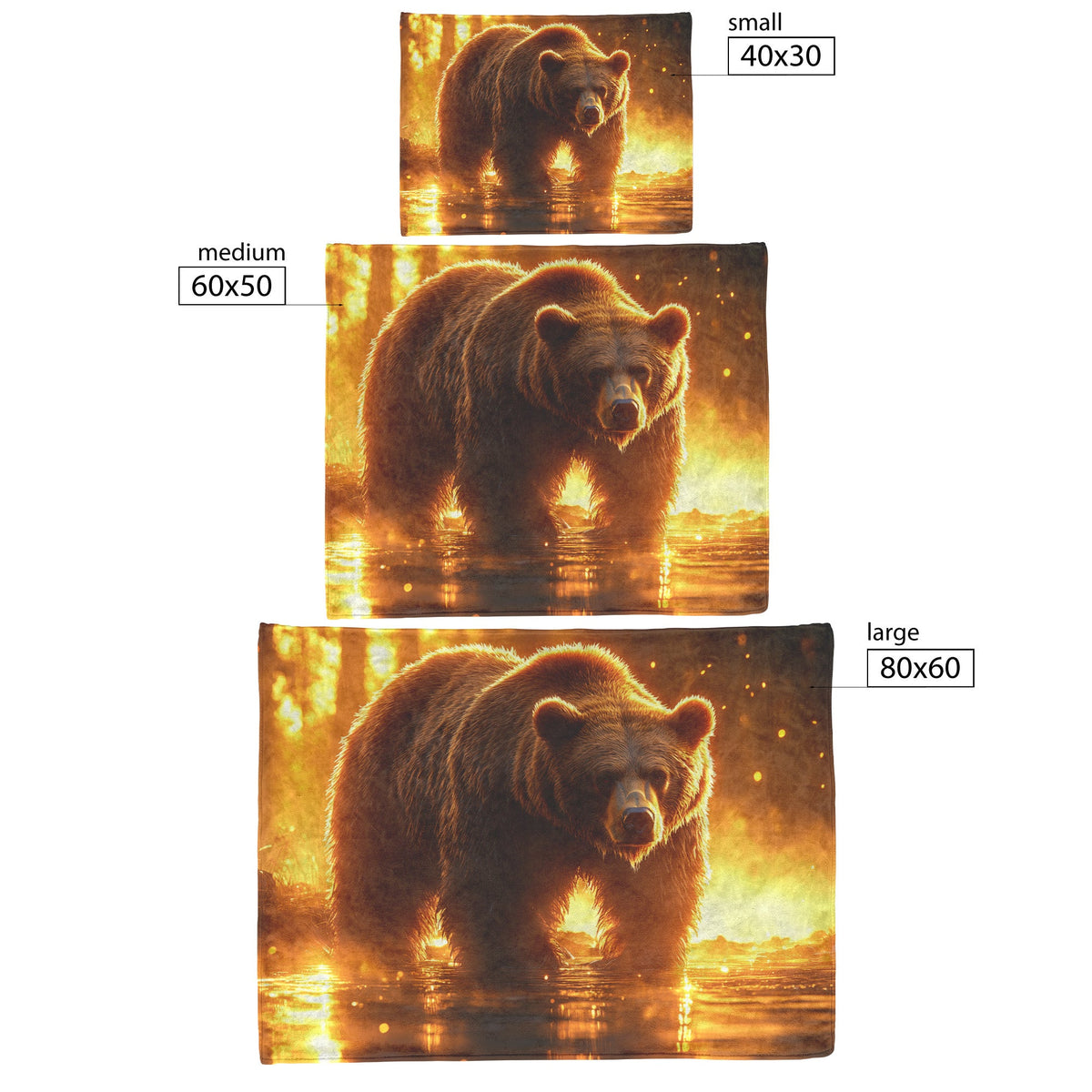 Massive Brown Bear on Misty Riverbank with Glowing Golden Sunlight and Reflective Crystal Water Fleece Blanket - Awakening Righteousness