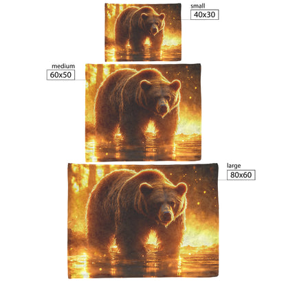 Massive Brown Bear on Misty Riverbank with Glowing Golden Sunlight and Reflective Crystal Water Fleece Blanket - Awakening Righteousness