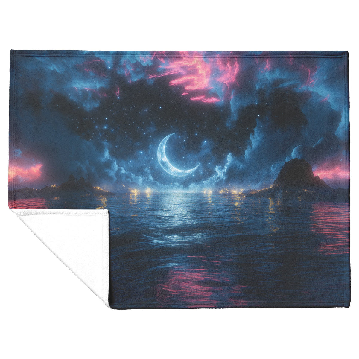 Massive Crescent Moon Over Water Stars Reflecting Silver Waves Deep Blue Hues Fleece Sherpa Blanket - Awakening Righteousness