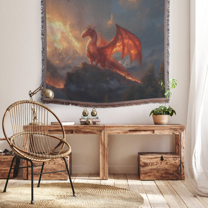 Massive Dragon Perched on Glowing Mountain Peak Woven Throw Blanket Under Fiery Sunset with Shimmering Golden Scales - Awakening Righteousness