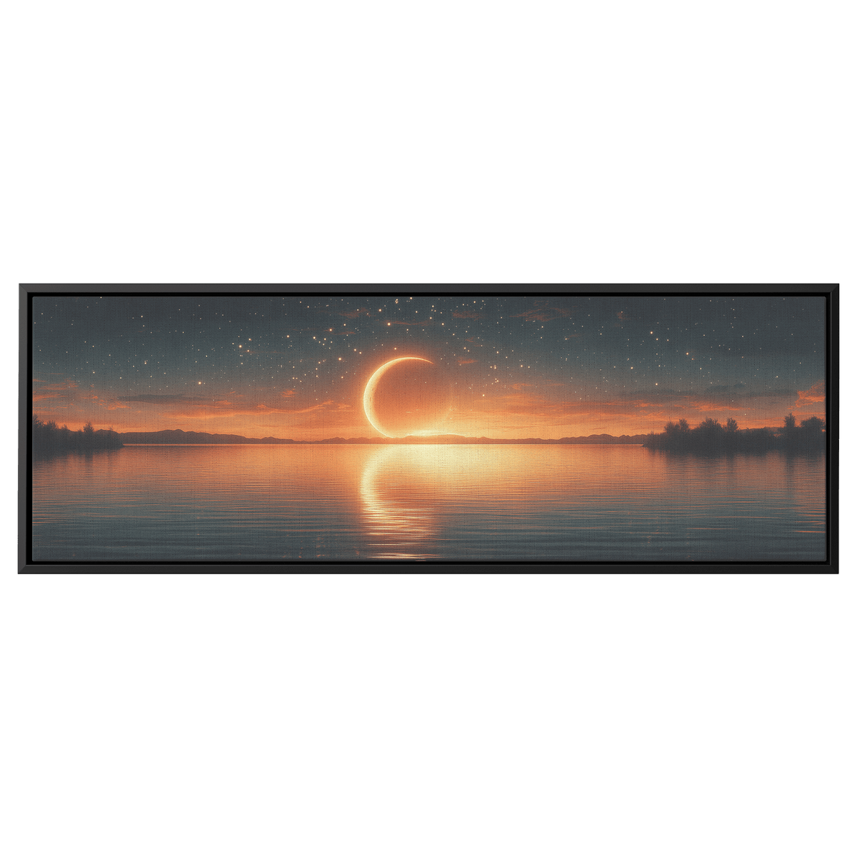 Minimalist Celestial Artwork Crescent Moons Dotted Star Trails Muted Olive Taupe Tones Ultra High Definition Boho Elegance Panoramic Framed Canvas Wall Art - Awakening Righteousness