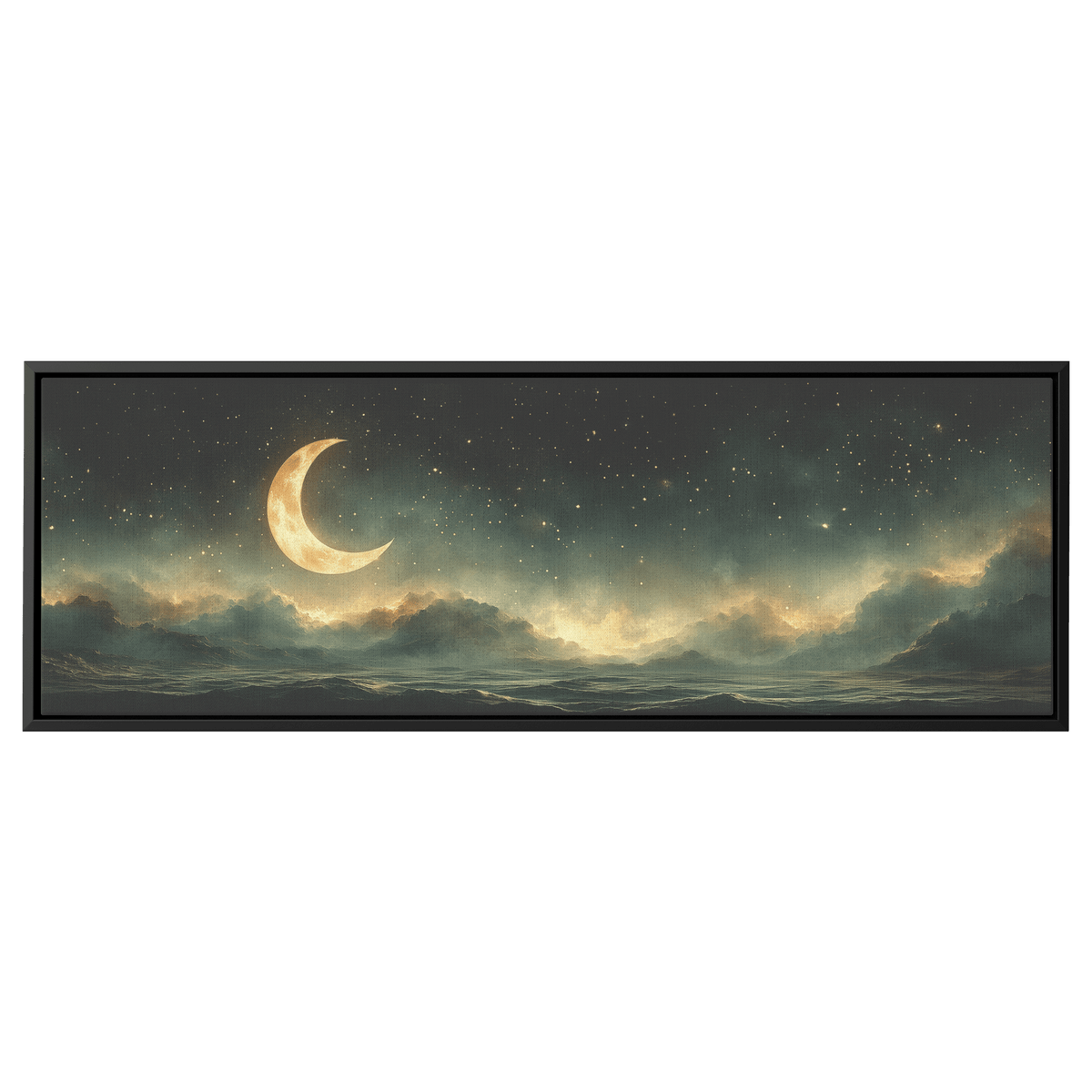 Minimalist Celestial Artwork Crescent Moons Dotted Star Trails Muted Olive Taupe Tones Ultra High Definition Boho Elegance Panoramic Framed Canvas Wall Art - Awakening Righteousness
