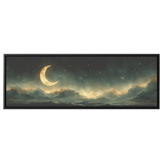 Minimalist Celestial Artwork Crescent Moons Dotted Star Trails Muted Olive Taupe Tones Ultra High Definition Boho Elegance Panoramic Framed Canvas Wall Art - Awakening Righteousness