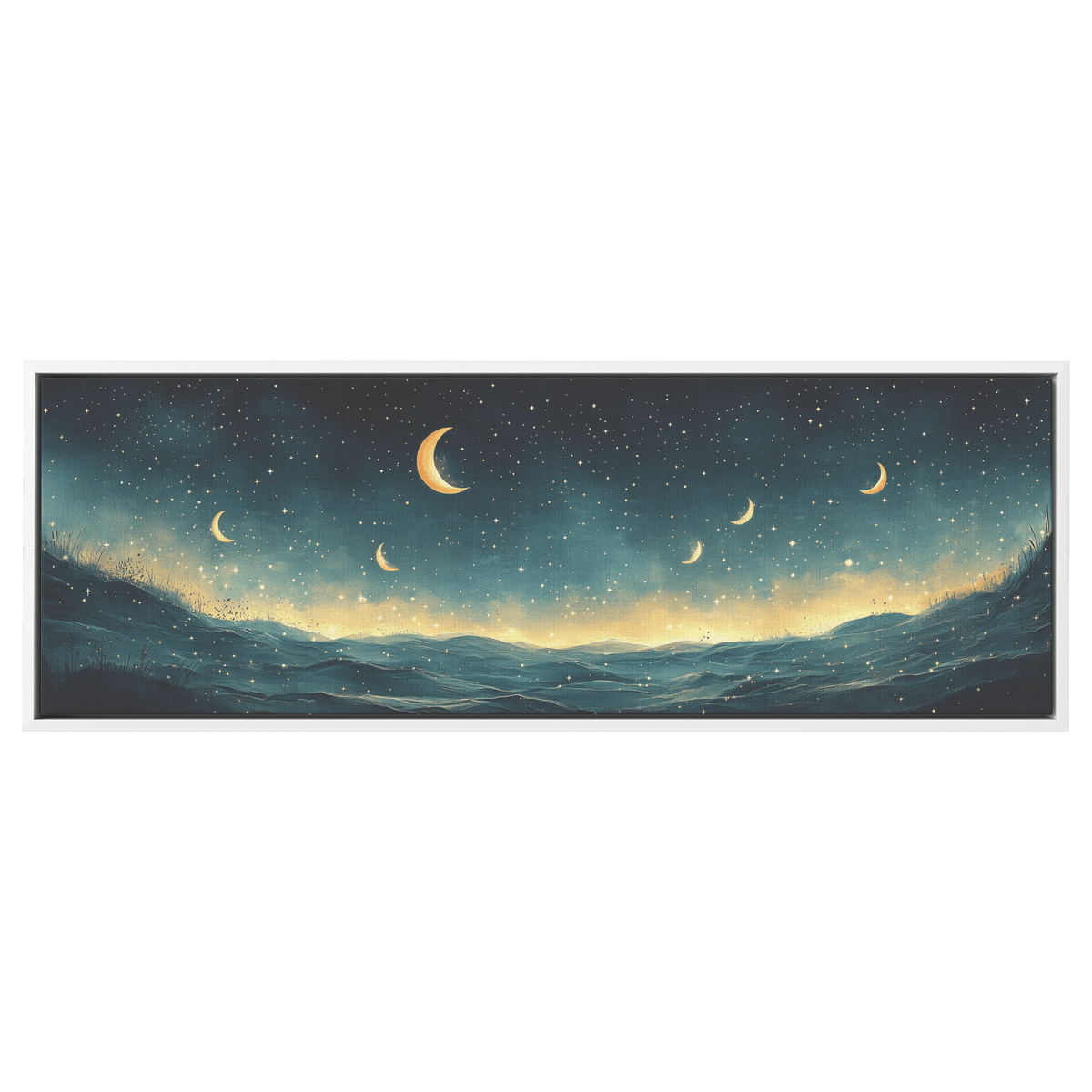 Minimalist Celestial Design Crescent Moons Tiny Stars Muted Green Background Ultra High Definition Clean Simplicity Panoramic Framed Canvas Wall Art - Awakening Righteousness