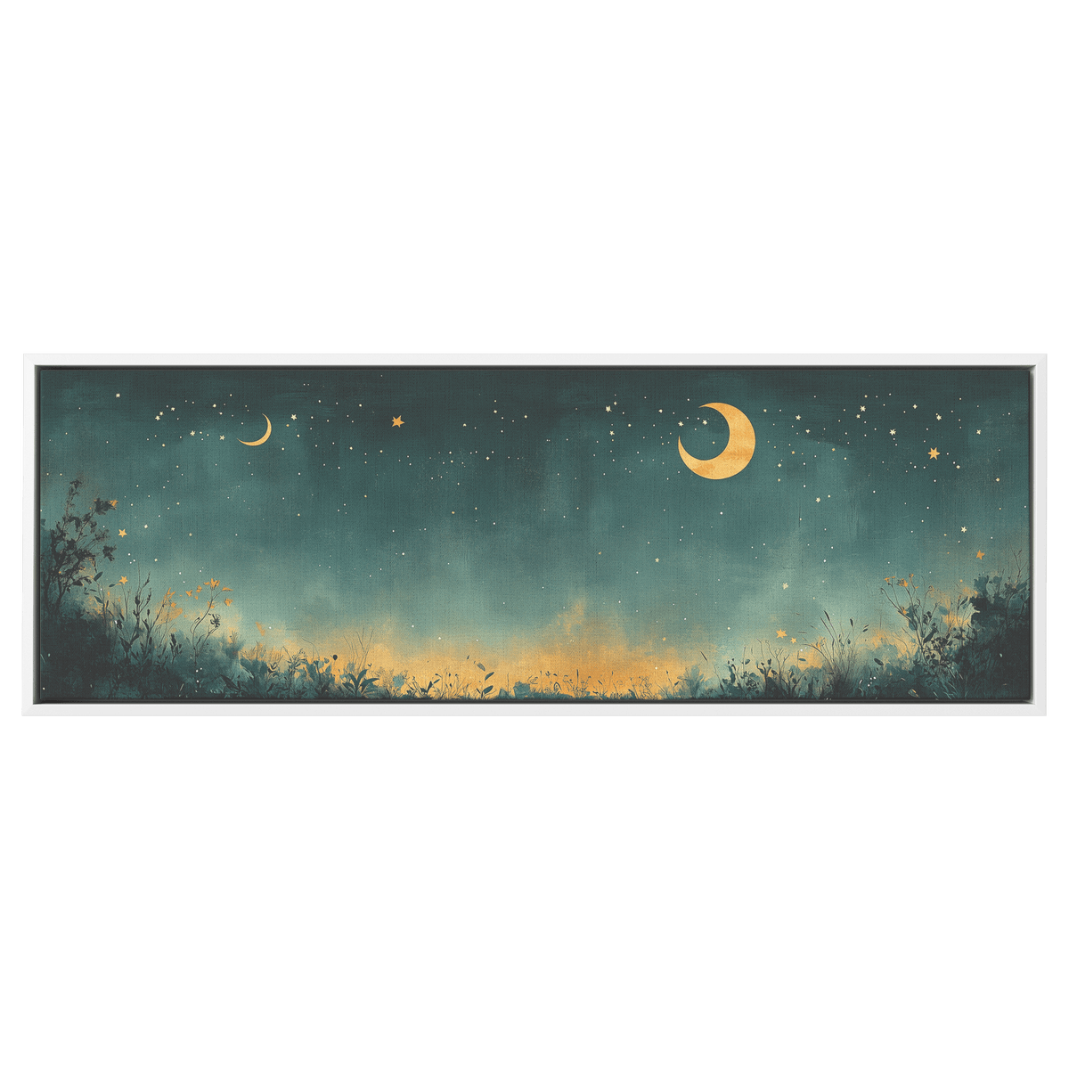 Minimalist Celestial Design Crescent Moons Tiny Stars Muted Green Background Ultra High Definition Clean Simplicity Panoramic Framed Canvas Wall Art - Awakening Righteousness
