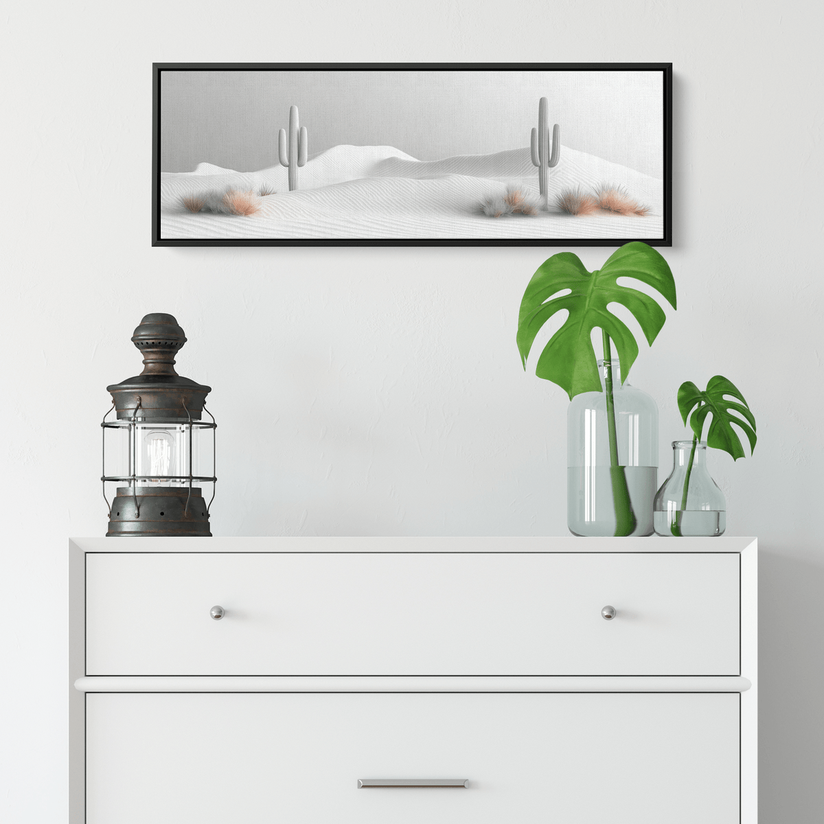 Minimalist Desert Scene Bold Cacti Silhouettes Muted Sand Dunes Soft Gray Sky Ultra High Definition Refined Textures Canvas Wall Art - Awakening Righteousness