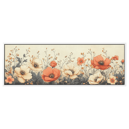 Minimalist Monochrome Line Art Garden Flowers Thin Clean Lines Warm Beige Background Ultra High Definition Elegant Design Panoramic Framed Canvas Wall Art - Awakening Righteousness
