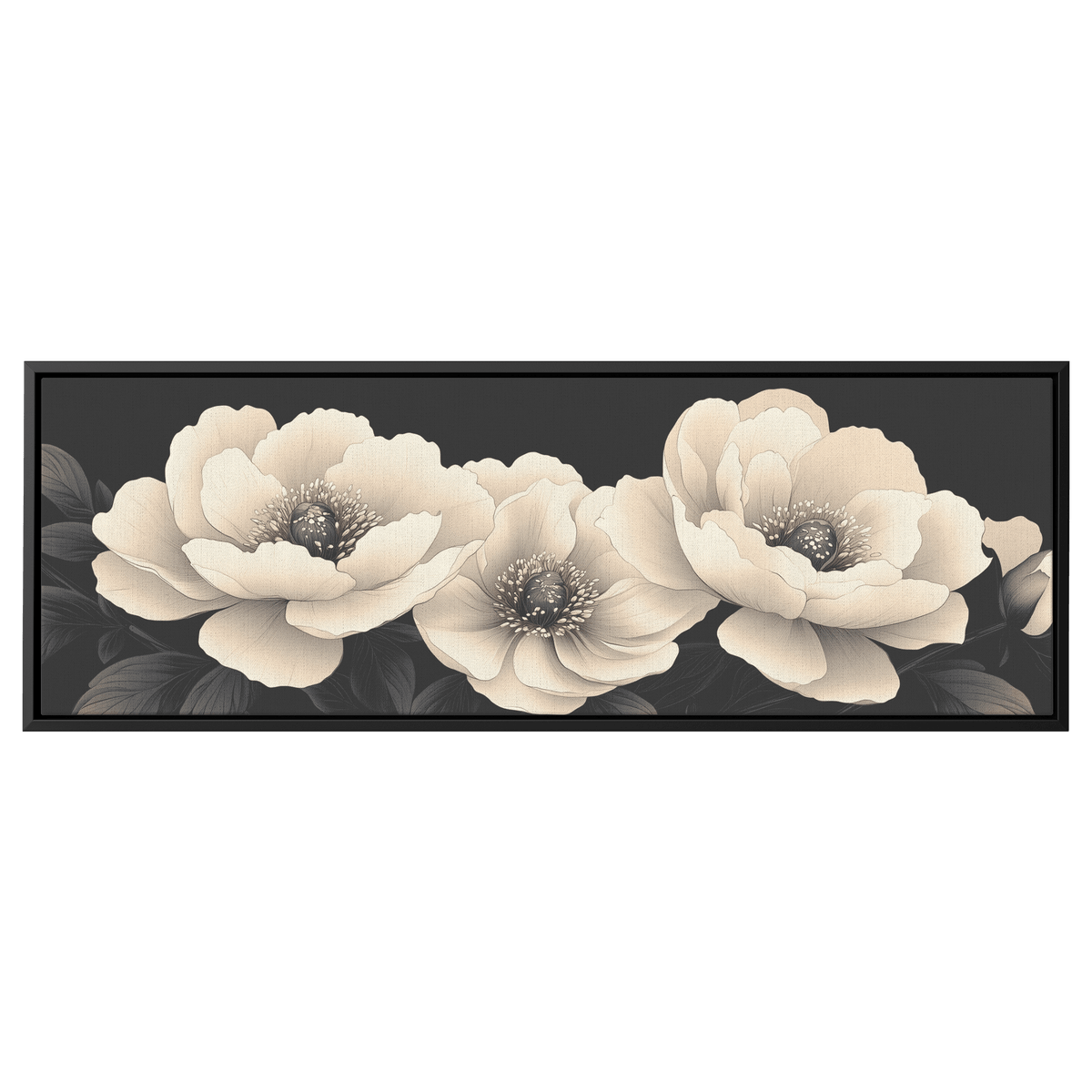Minimalist Monochrome Line Art Peonies Delicate Shading Soft Taupe Background Elegant Contemporary Ultra High Definition Panoramic Framed Canvas Wall Art - Awakening Righteousness