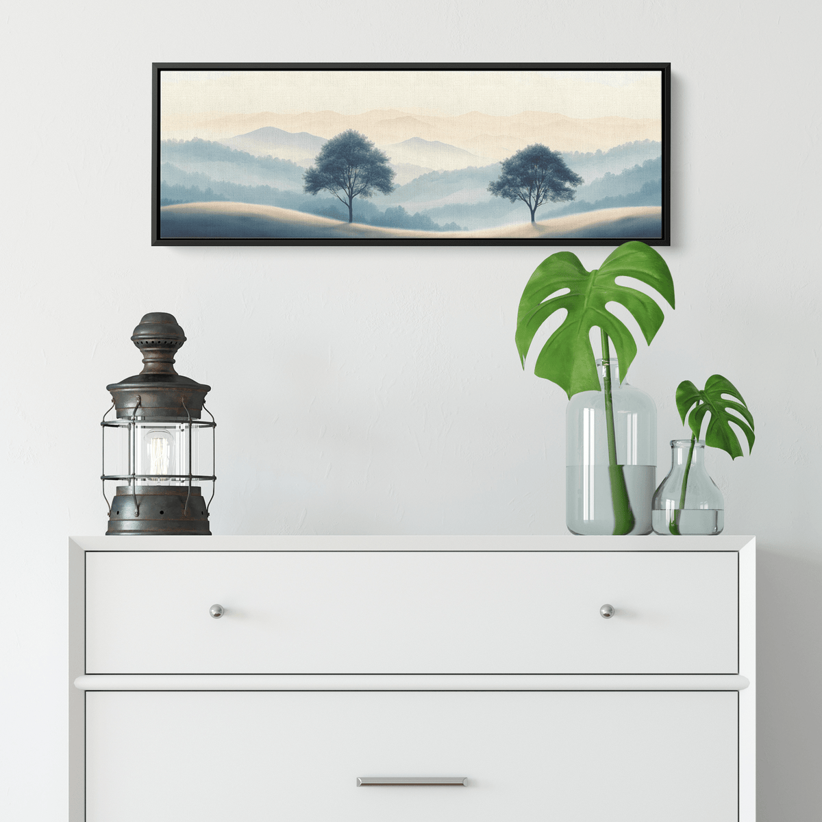 Minimalist Nature Artwork Distant Hills Tree Silhouettes Taupe Light Beige Tones Ultra High Definition Clean Design Panoramic Framed Canvas Wall Art - Awakening Righteousness