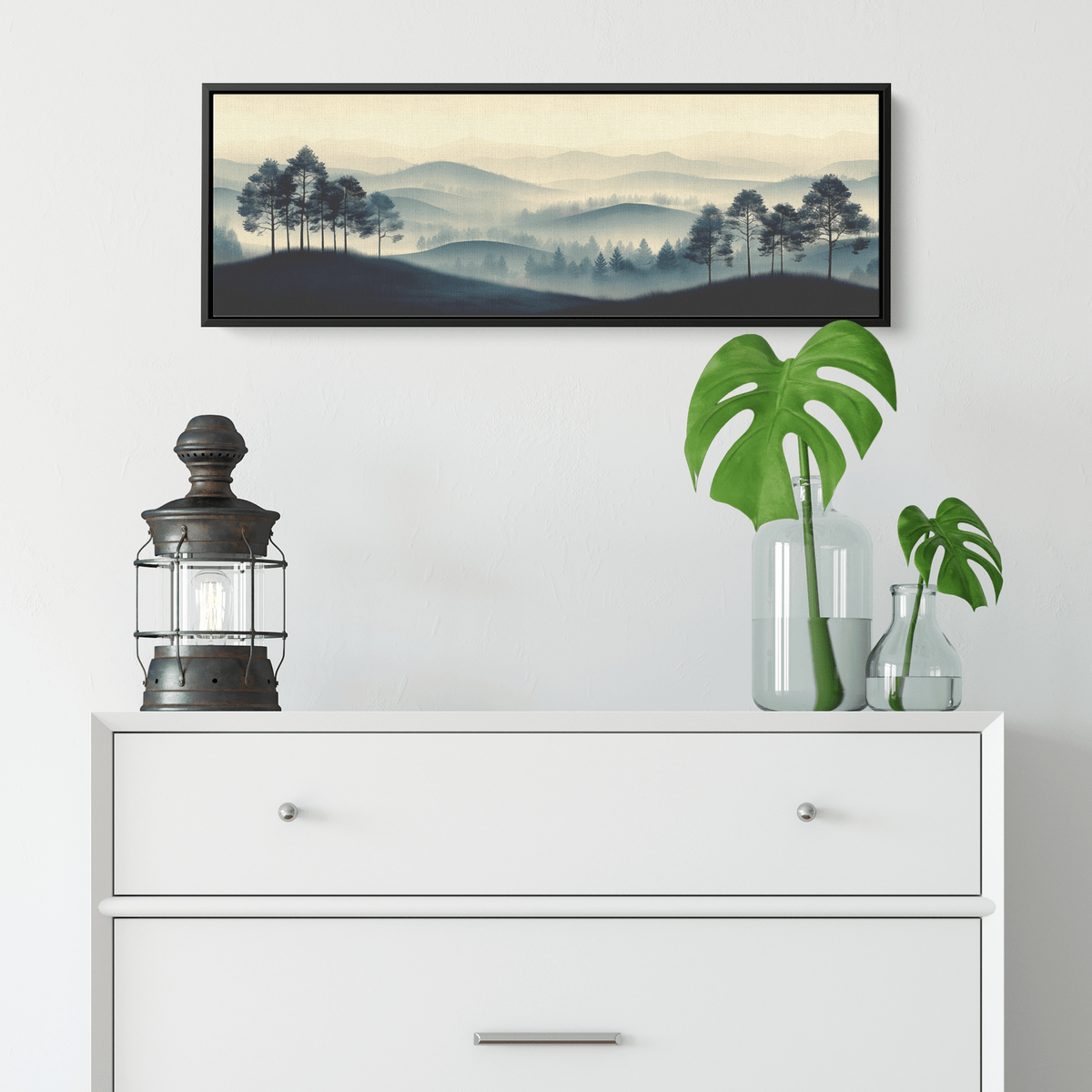 Minimalist Nature Artwork Distant Hills Tree Silhouettes Taupe Light Beige Tones Ultra High Definition Clean Design Panoramic Framed Canvas Wall Art - Awakening Righteousness