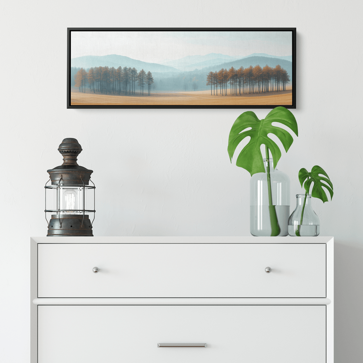 Minimalist Nature Artwork Distant Hills Tree Silhouettes Taupe Light Beige Tones Ultra High Definition Clean Minimalist Panoramic Framed Canvas Wall Art - Awakening Righteousness