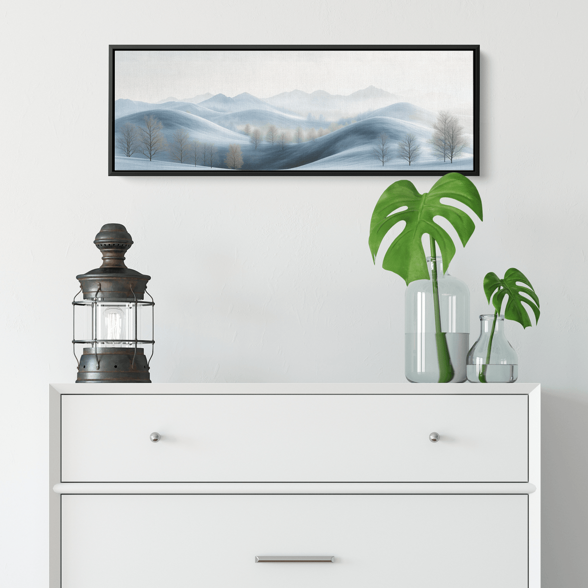 Minimalist Panoramic Nature Illustration Rolling Hills Sparse Tree Lines Soft Gray Taupe Ultra High Definition Panoramic Framed Canvas Wall Art - Awakening Righteousness