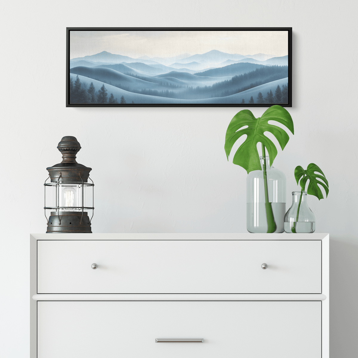 Minimalist Panoramic Nature Illustration Rolling Hills Sparse Tree Lines Soft Gray Taupe Ultra High Definition Panoramic Framed Canvas Wall Art - Awakening Righteousness