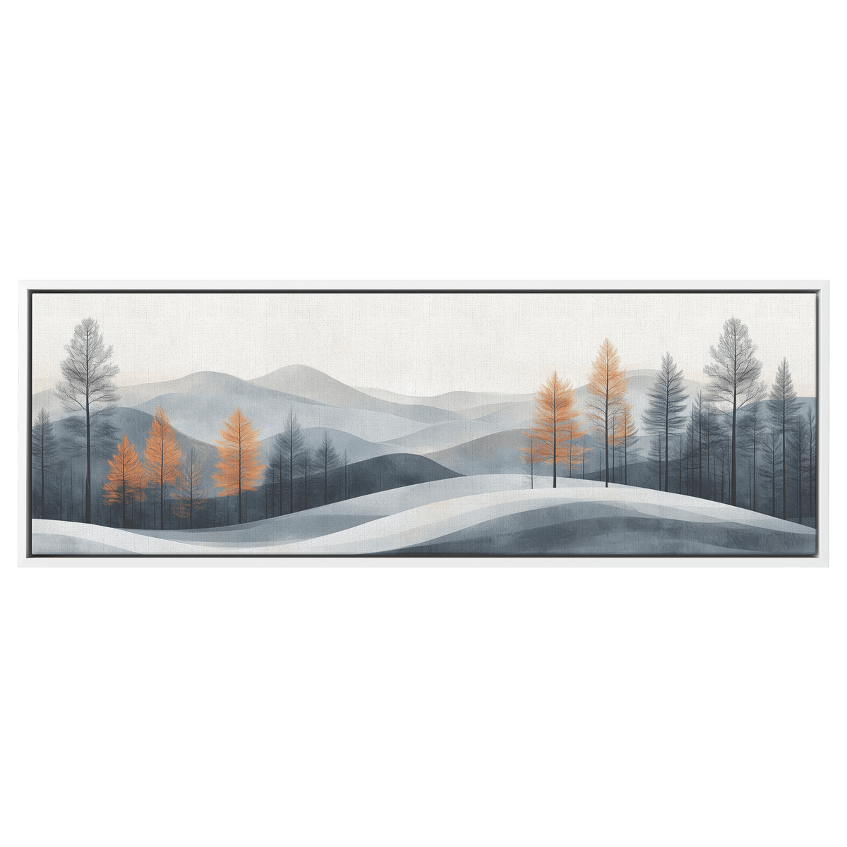 Minimalist Panoramic Nature Illustration Rolling Hills Sparse Tree Lines Soft Gray Taupe Ultra High Definition Panoramic Framed Canvas Wall Art - Awakening Righteousness