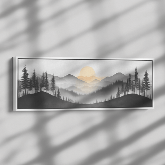 Minimalist Panoramic Scene Hills Tree Lines Soft Beige Taupe Tones Clean Lines Ultra High Definition Elegant Finish Panoramic Framed Canvas Wall Art - Awakening Righteousness