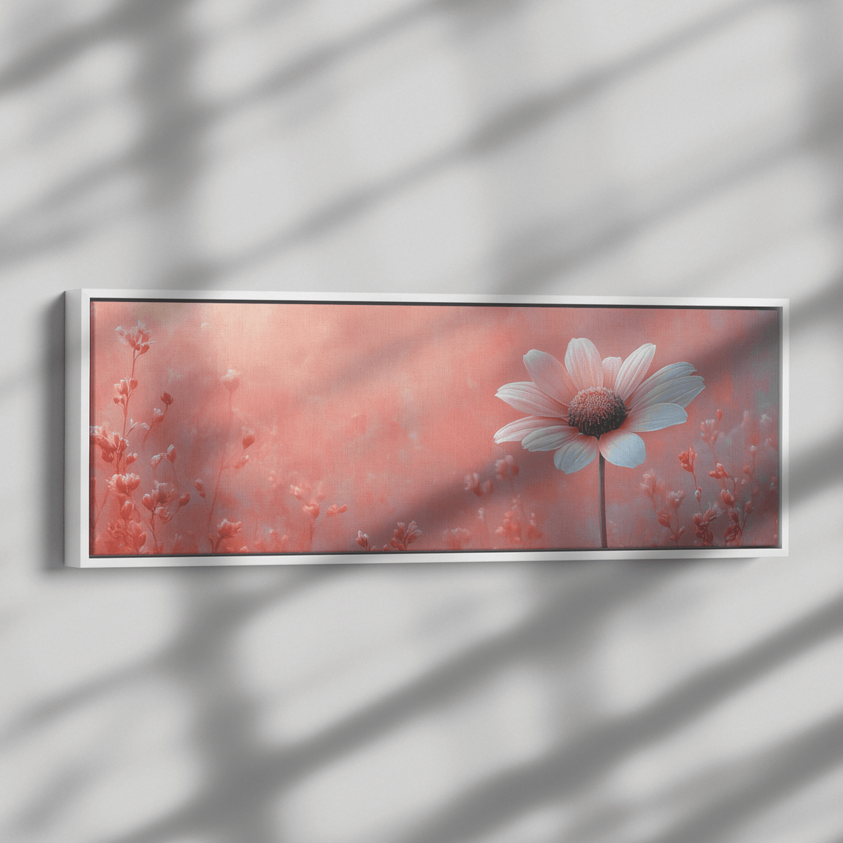 Minimalist Single Stem Floral Artwork Daisy Long Thin Stem Soft Pastel Background Ultra High Definition Elegant Minimalism Panoramic Framed Canvas Wall Art - Awakening Righteousness