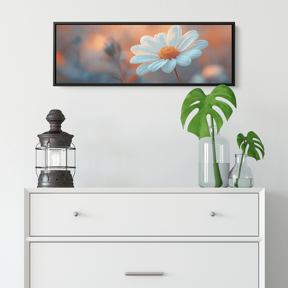 Minimalist Single Stem Floral Artwork Daisy Long Thin Stem Soft Pastel Background Ultra High Definition Elegant Minimalism Panoramic Framed Canvas Wall Art - Awakening Righteousness
