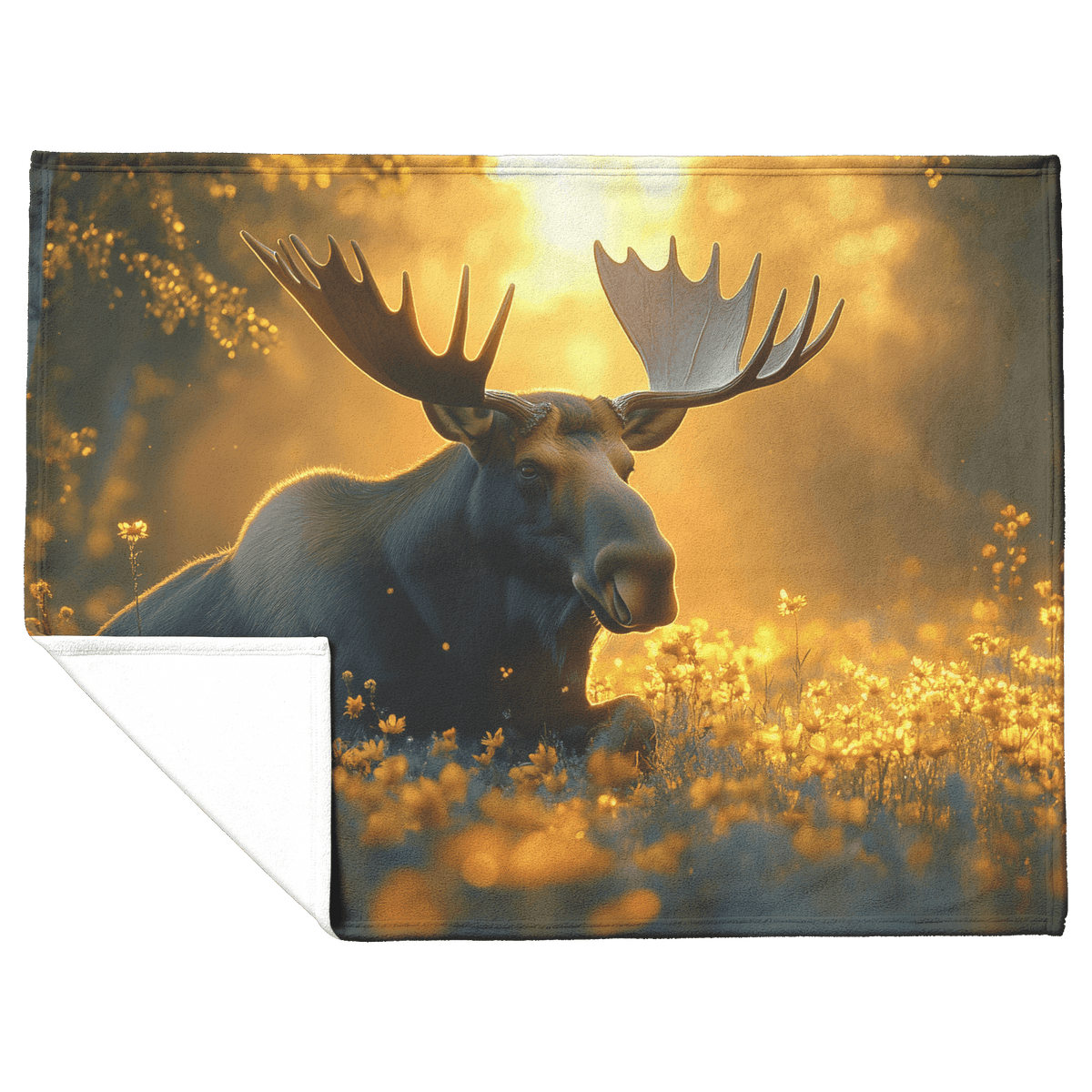 Moose Resting in Meadow of Glowing Wildflowers Surrounded by Golden Mist With Sunlight Illuminating Antlers Fleece Sherpa Blanket - Awakening Righteousness