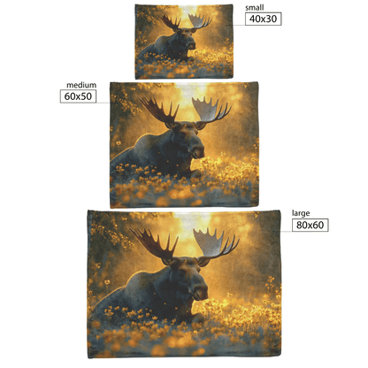 Moose Resting in Meadow of Glowing Wildflowers Surrounded by Golden Mist With Sunlight Illuminating Antlers Fleece Sherpa Blanket - Awakening Righteousness