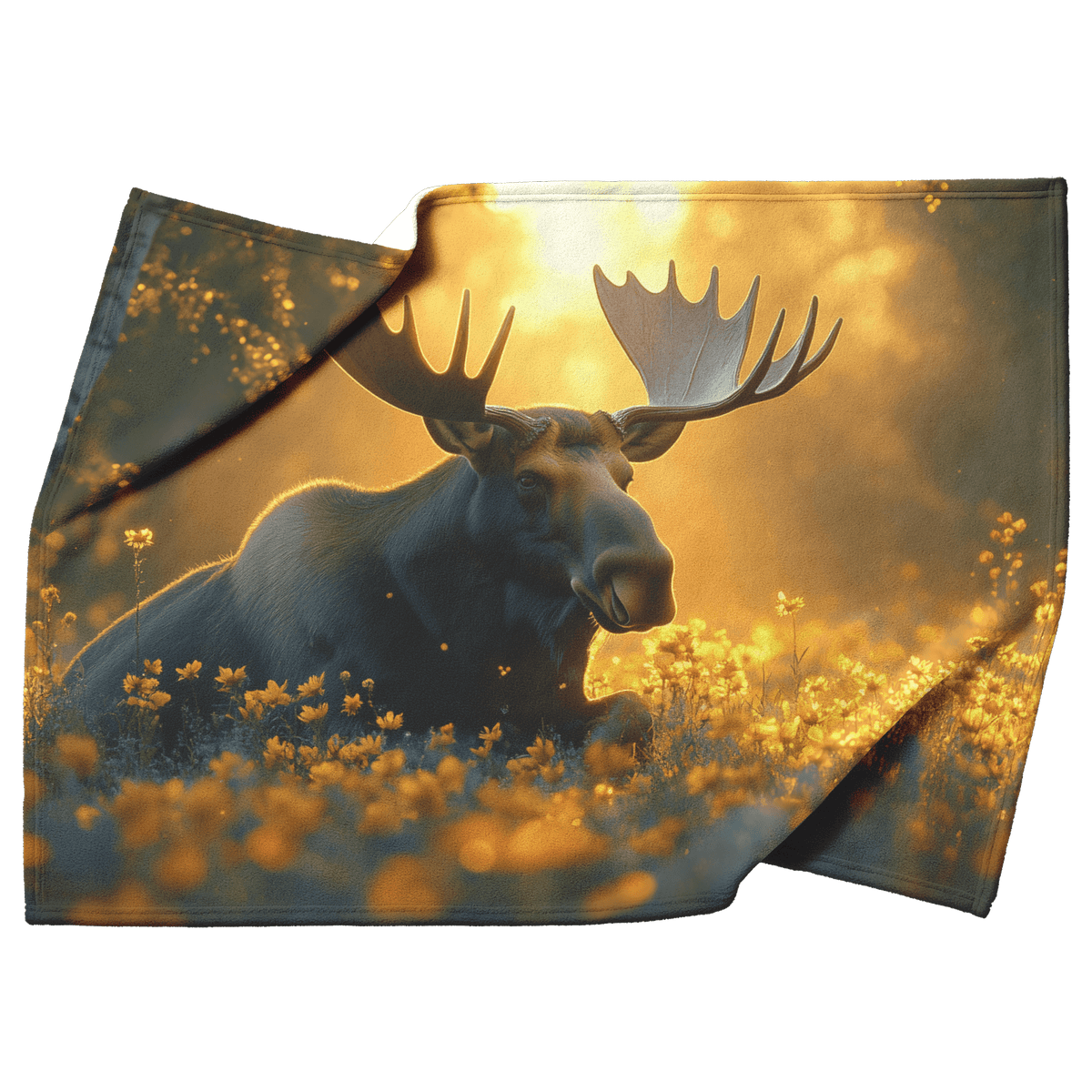 Moose Resting in Meadow of Glowing Wildflowers Surrounded by Golden Mist With Sunlight Illuminating Antlers Fleece Sherpa Blanket - Awakening Righteousness