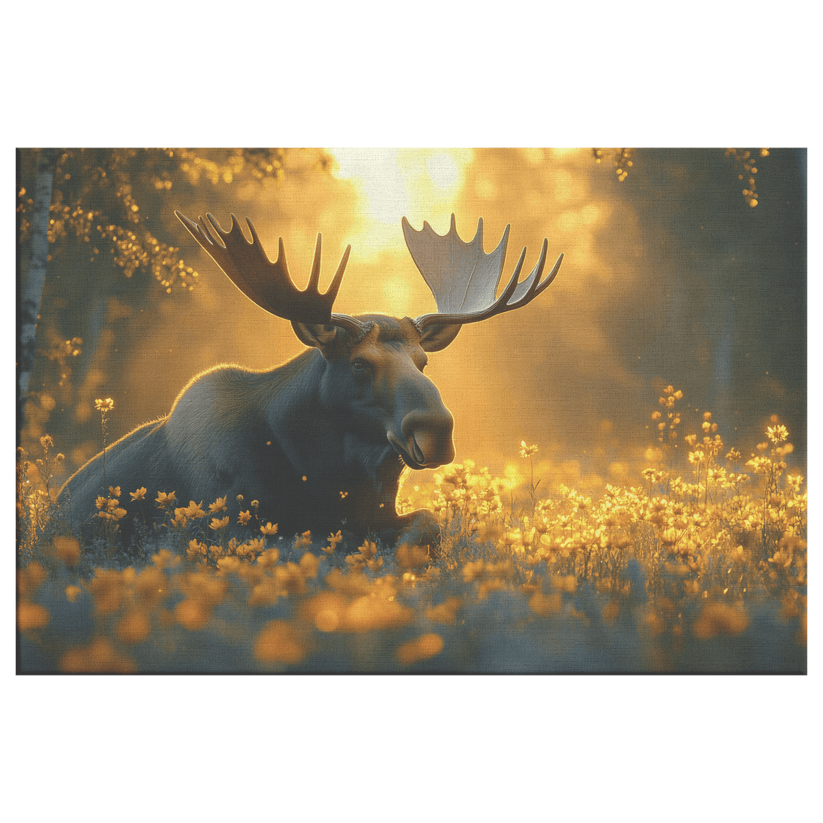 Moose Resting In Meadow Of Glowing Wildflowers With Golden Mist And Sunlit Antlers Canvas Wall Art Decor - Awakening Righteousness