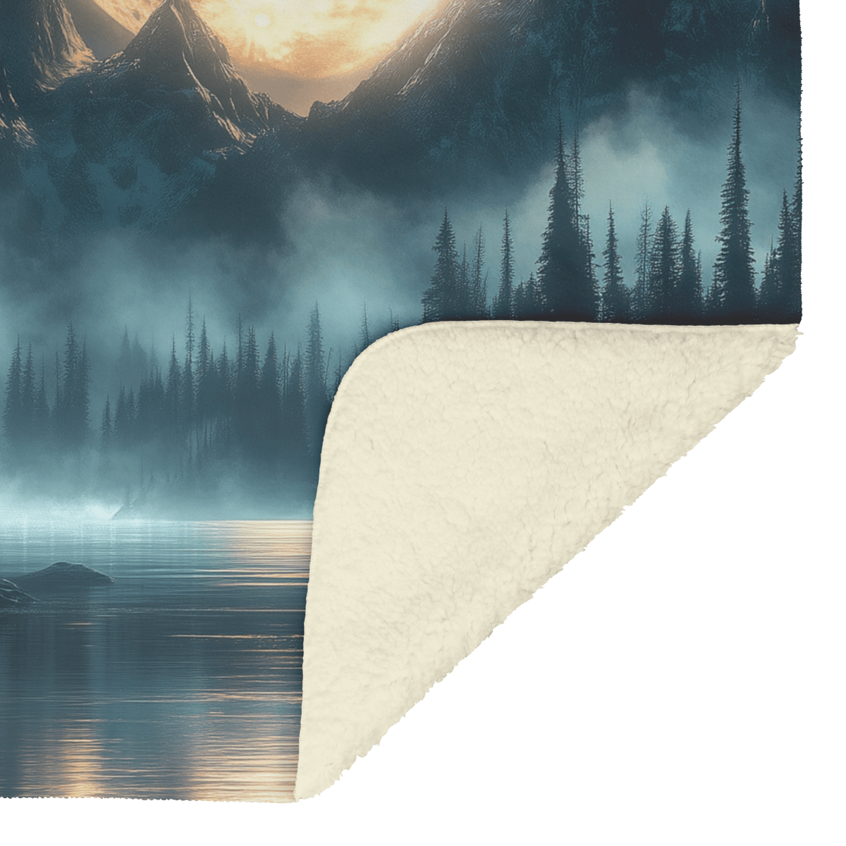 Moose Silhouetted Against Glowing Full Moon on Misty Mountain Ridge With Antlers Highlighted by Moonlight Fleece Sherpa Blanket - Awakening Righteousness