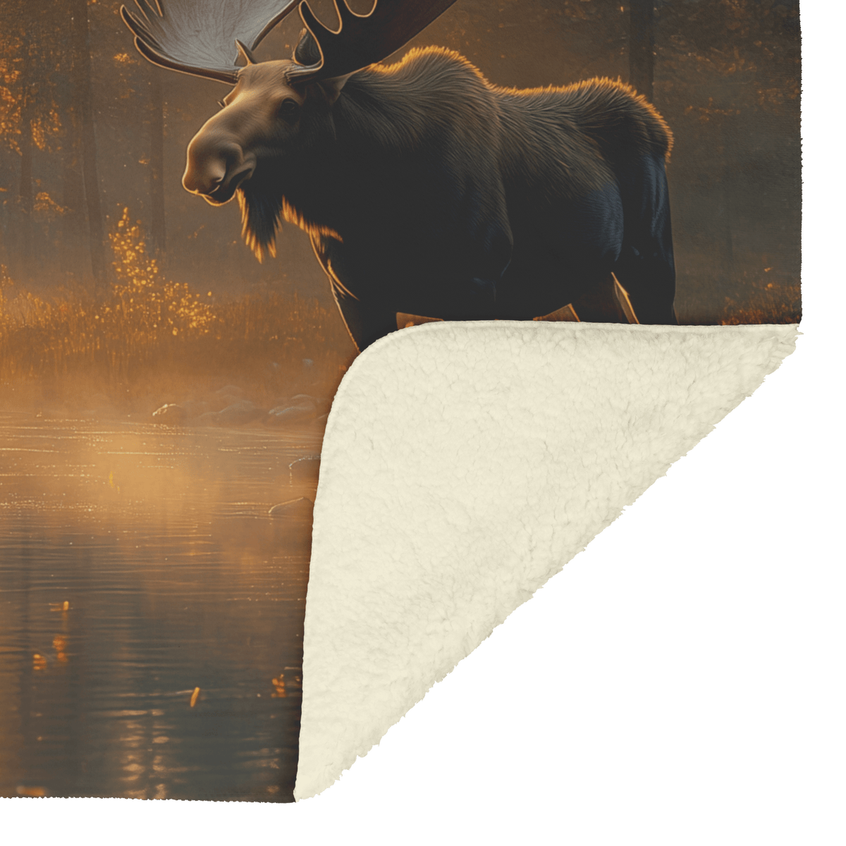 Moose Standing Beside Glowing Crystal Clear River Surrounded by Lush Forest and Golden Sunlight Fleece Sherpa Blanket - Awakening Righteousness
