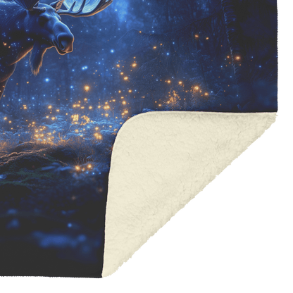 Moose Standing on Mossy Forest Trail Surrounded by Bioluminescent Plants and Glowing Fireflies Under Twilight Sky Fleece Sherpa Blanket - Awakening Righteousness