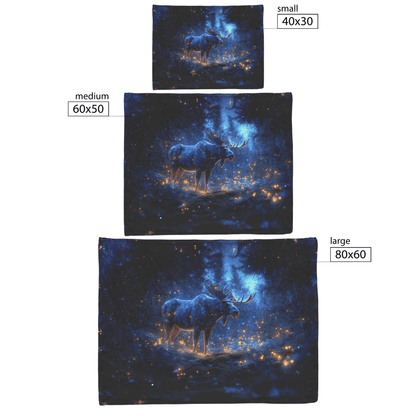 Moose Standing on Mossy Forest Trail Surrounded by Bioluminescent Plants and Glowing Fireflies Under Twilight Sky Fleece Sherpa Blanket - Awakening Righteousness