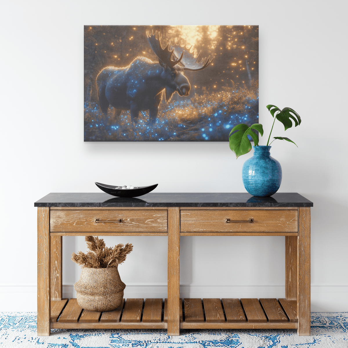 Moose Standing On Mossy Forest Trail With Bioluminescent Plants And Fireflies Under Twilight Sky Canvas Wall Art Decor - Awakening Righteousness