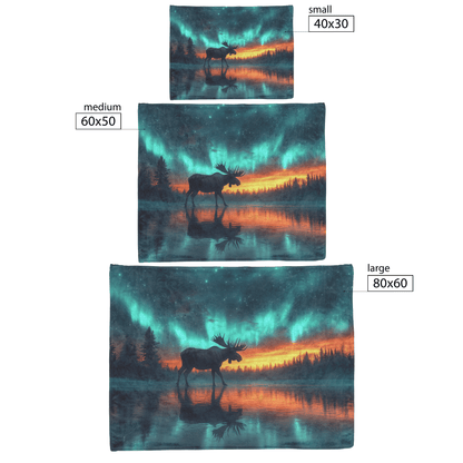 Moose Walking Across Frozen Lake Under Glowing Aurora Borealis Sky With Antler Reflections on Icy Surface Fleece Sherpa Blanket - Awakening Righteousness