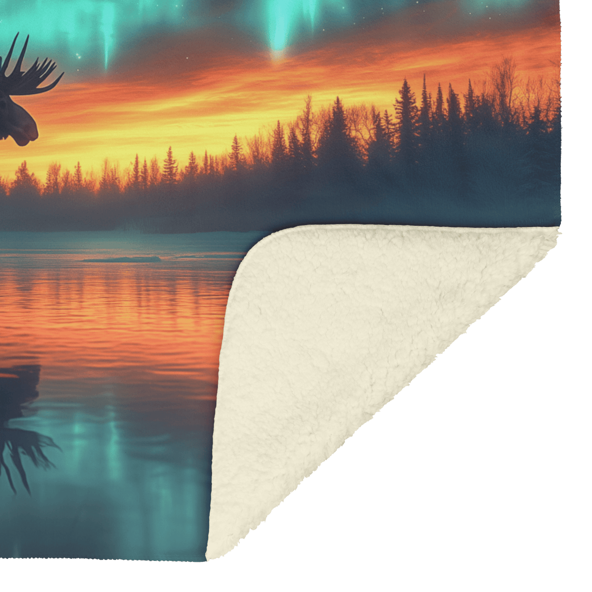 Moose Walking Across Frozen Lake Under Glowing Aurora Borealis Sky With Antler Reflections on Icy Surface Fleece Sherpa Blanket - Awakening Righteousness
