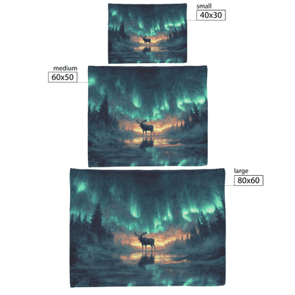 Moose Walking Across Frozen Lake Under Glowing Aurora Borealis With Antler Reflections on Icy Surface Fleece Sherpa Blanket - Awakening Righteousness