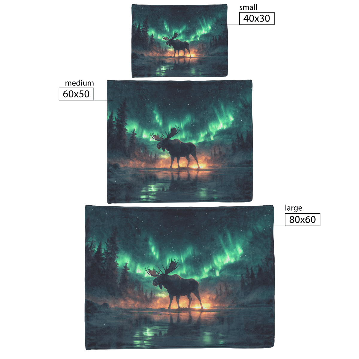 Moose Walking Across Frozen Lake Under Glowing Aurora Borealis With Antler Reflections on Icy Surface Fleece Sherpa Blanket - Awakening Righteousness