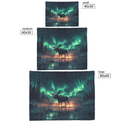 Moose Walking Across Frozen Lake Under Glowing Aurora Borealis With Antler Reflections on Icy Surface Fleece Sherpa Blanket - Awakening Righteousness