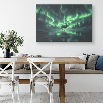 Moose Walking Across Frozen Lake With Aurora Borealis Sky And Antler Reflections On Icy Surface Canvas Wall Art Decor - Awakening Righteousness