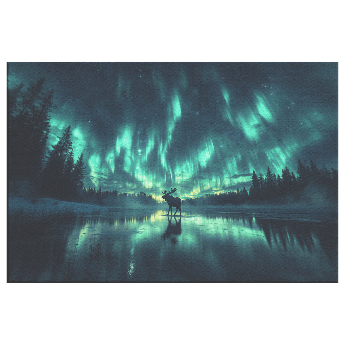 Moose Walking On Frozen Lake With Aurora Borealis Sky And Antler Reflections On Icy Surface Canvas Wall Art Decor - Awakening Righteousness