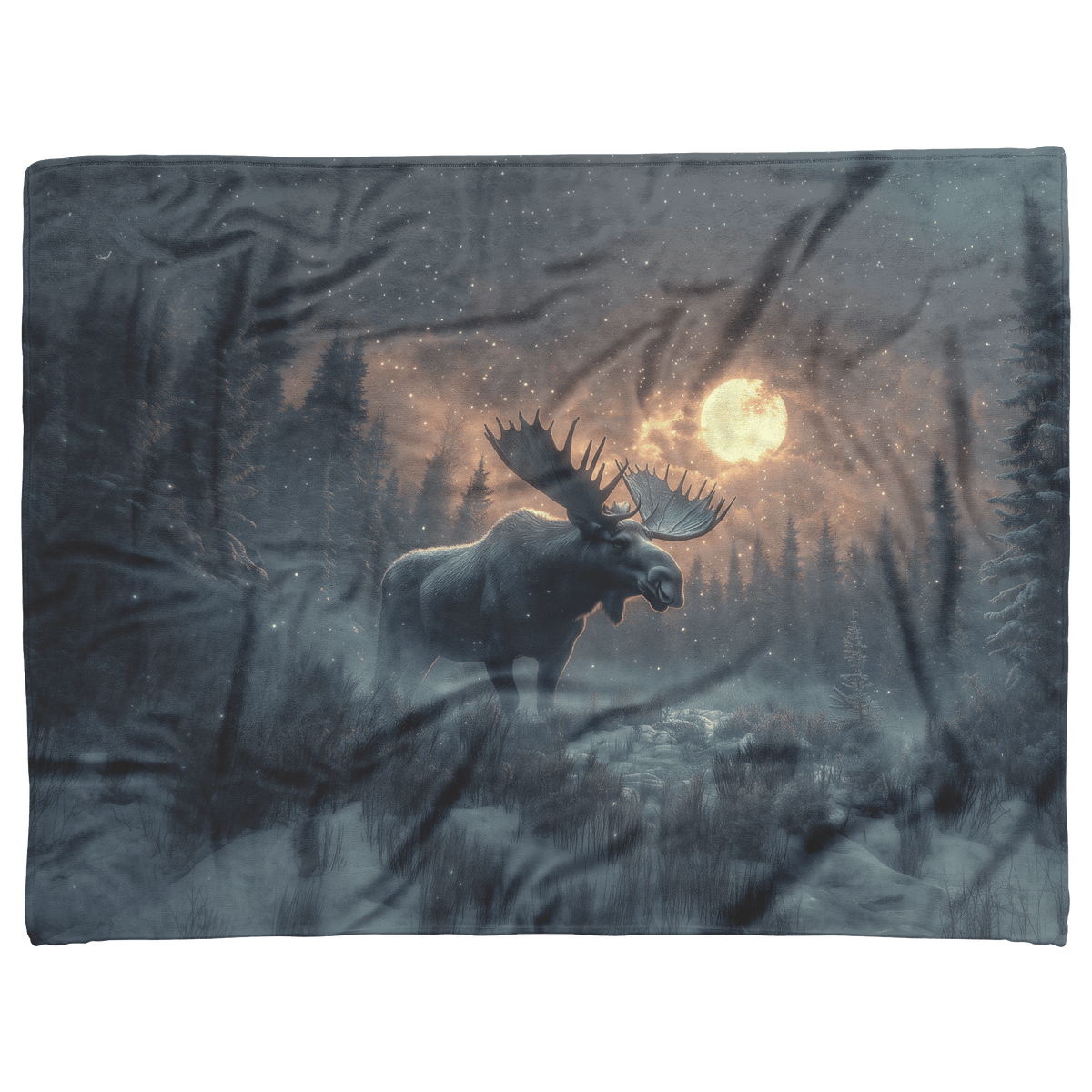 Moose Walking Through Glowing Snowy Forest Surrounded by Frost Covered Trees Under Soft Moonlight Fleece Sherpa Blanket - Awakening Righteousness