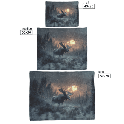 Moose Walking Through Glowing Snowy Forest Surrounded by Frost Covered Trees Under Soft Moonlight Fleece Sherpa Blanket - Awakening Righteousness